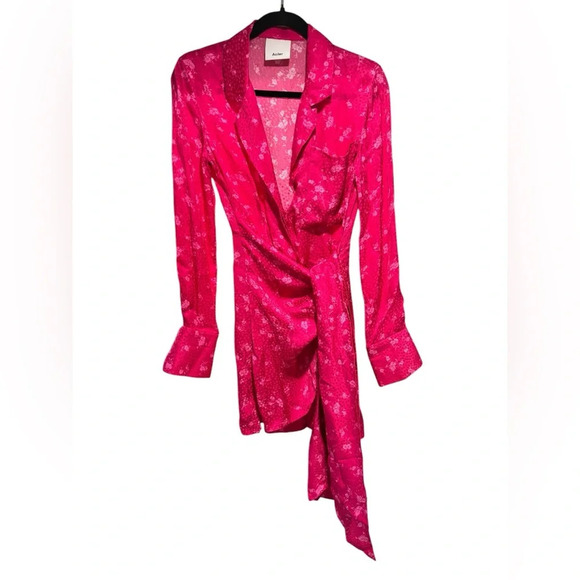 Acler Womens Dress Pink Size 2 Evanston Satin Wrap Collar Drape Shirtdress Mini - Picture 2 of 9